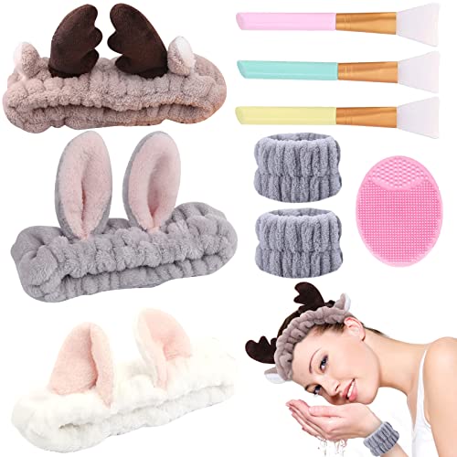 VEGCOO 9 Stück Kosmetik Haarband Set, Haarband Kosmetik Silikonbürste Reinigungsbürste Handschlaufe Make up Haarband Gesichtswäsche Make-up Sportdusche Damen von VEGCOO