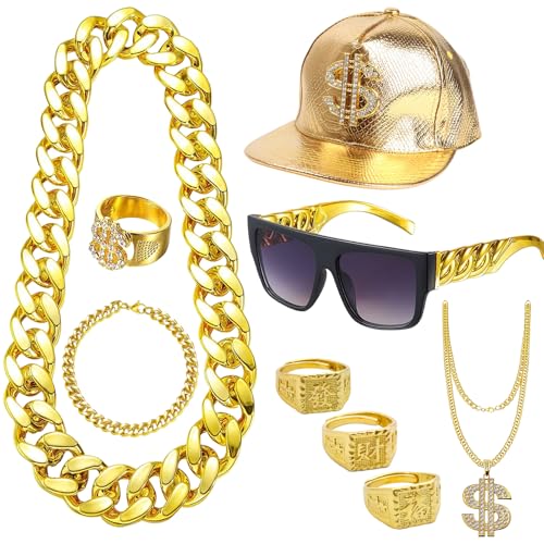 VEGCOO 9 Stück Zuhälter Kostüm Goldkette Fasching, 80er 90er Jahre Outfit Herren mit Dollar Kette/Große Goldene Kette/Dollar Ring/Goldenes/Sonnenbrille/Hut für Hiphop Punk Fasching oder Parteien von VEGCOO