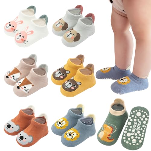 VEGCOO Antirutschsocken Kinder，7 Paar Babysocken Rutschfeste Cartoon-Socken Tiermuster Rutschfeste Babysocken für Kinder(1–3 Jahre alt) von VEGCOO