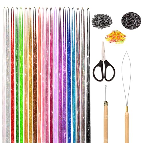 VEGCOO Haar Lametta,20 Farbe Glitzer Haarsträhnen mit Werkzeug Glänzendes Haar Bündel Passend für Frauen Haar Spiel Party von VEGCOO
