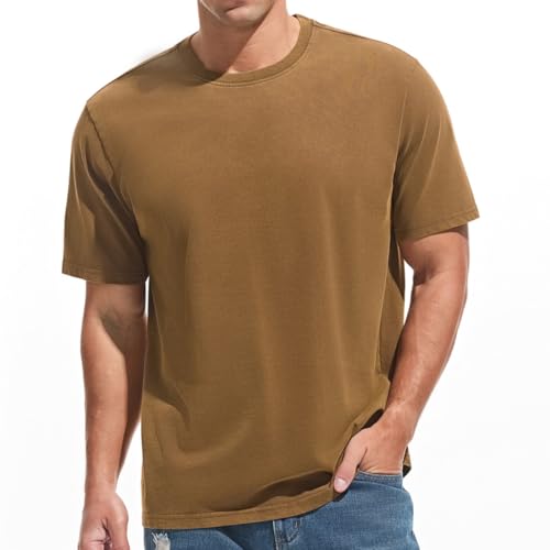 Herren Dick T-Shirt 100% Baumwolle Heavyweight 250g/m² Stone Washed Ultra Weich Regular Fit Bequem Vintage Look Kurzarm Basic (Brown S) von VEIISAR