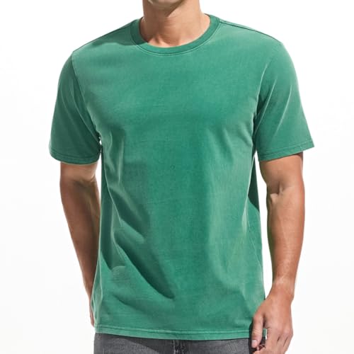 Herren Dick T-Shirt 100% Baumwolle Heavyweight 250g/m² Stone Washed Ultra Weich Regular Fit Bequem Vintage Look Kurzarm Basic (Green XL) von VEIISAR