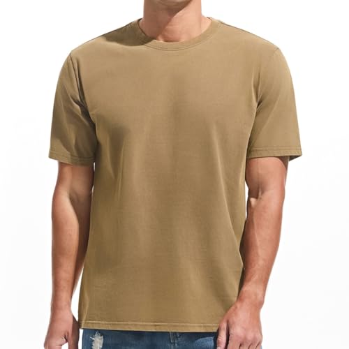 Herren Dick T-Shirt 100% Baumwolle Heavyweight 250g/m² Stone Washed Ultra Weich Regular Fit Bequem Vintage Look Kurzarm Basic (Khaki L) von VEIISAR
