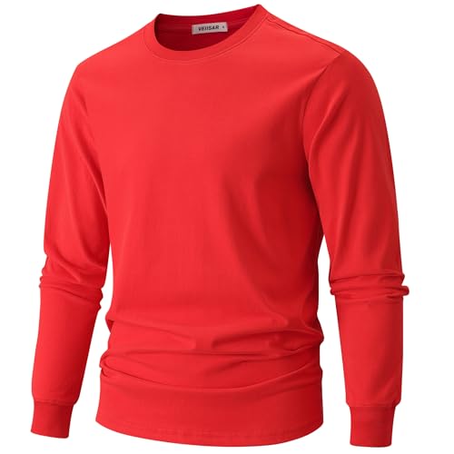 VEIISAR Herren Dickes Rundhals Langarm T-Shirt mit Herren 100% Baumwolle Heavy Duty Preshrunk langem Saum Shirt(T2L Red XL) von VEIISAR