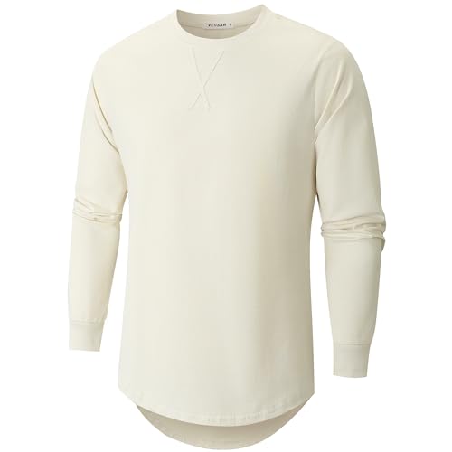 VEIISAR Herren Dickes Rundhals Langarm T-Shirt mit Herren 100 Baumwolle Heavy Duty Preshrunk langem Saum Shirt(X363L Beige XXL) von VEIISAR