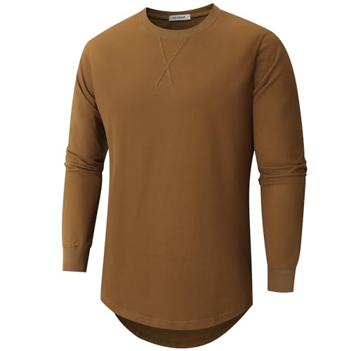 VEIISAR Herren Dickes Rundhals Langarm T-Shirt mit Herren 100 Baumwolle Heavy Duty Preshrunk langem Saum Shirt(X363L Brown M) von VEIISAR
