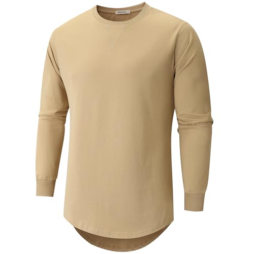 VEIISAR Herren Dickes Rundhals Langarm T-Shirt mit Herren 100 Baumwolle Heavy Duty Preshrunk langem Saum Shirt(X363L Khaki XL) von VEIISAR
