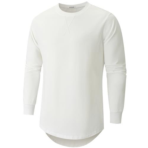 VEIISAR Herren Dickes Rundhals Langarm T-Shirt mit Herren 100 Baumwolle Heavy Duty Preshrunk langem Saum Shirt(X363L White S) von VEIISAR