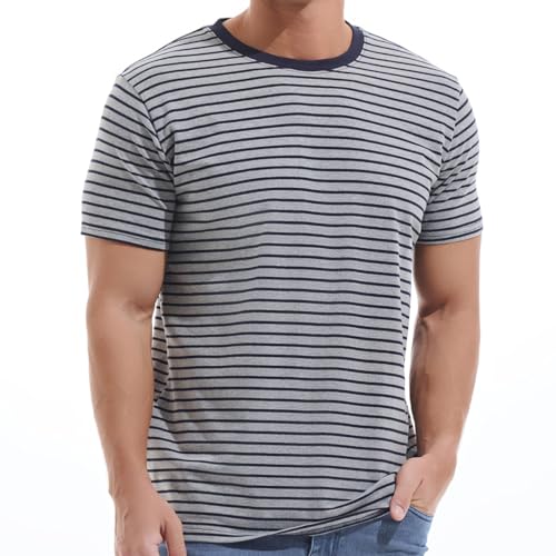 VEIISAR Gestreiftes Herren T-Shirt aus 95% Baumwolle & 5% Elasthan – Bequemes & elastisches T-Shirt – Casual Freizeit-Shirt 311 Light Grey XXL von VEIISAR