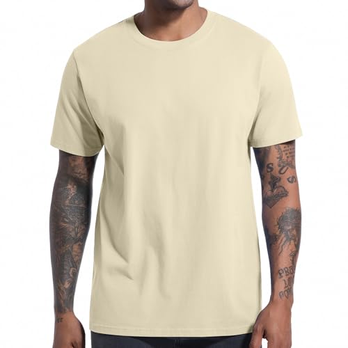 VEIISAR Herren T-Shirt 210 GSM Mittel Weight 100% Baumwolle (vorgewaschen) - Weich & Bequem Stoff Klassisches Basic T-Shirt - Uni-Farbe - Beige 4XL von VEIISAR