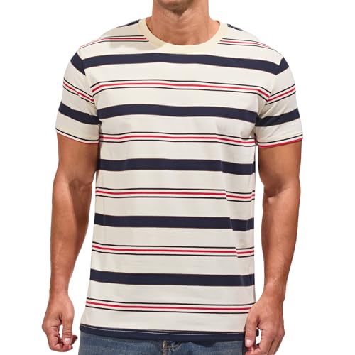 VEIISAR Gestreiftes Herren T-Shirt aus 95% Baumwolle & 5% Elasthan – Bequemes & elastisches T-Shirt – Casual Freizeit-Shirt 28 White Royal Blue XXL von VEIISAR