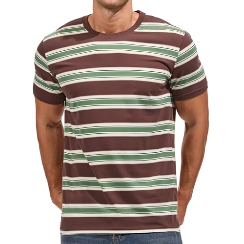 VEIISAR Gestreiftes Herren T-Shirt aus 95% Baumwolle & 5% Elasthan – Bequemes & elastisches T-Shirt – Casual Freizeit-Shirt 30 Brown Green S von VEIISAR