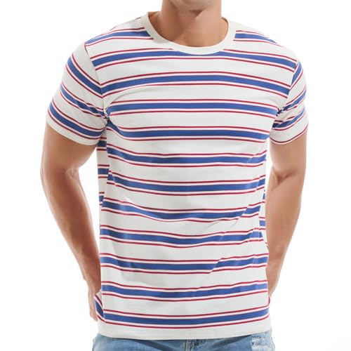 VEIISAR Gestreiftes Herren T-Shirt aus 95% Baumwolle & 5% Elasthan – Bequemes & elastisches T-Shirt – Casual Freizeit-Shirt 60 White Blue red M von VEIISAR