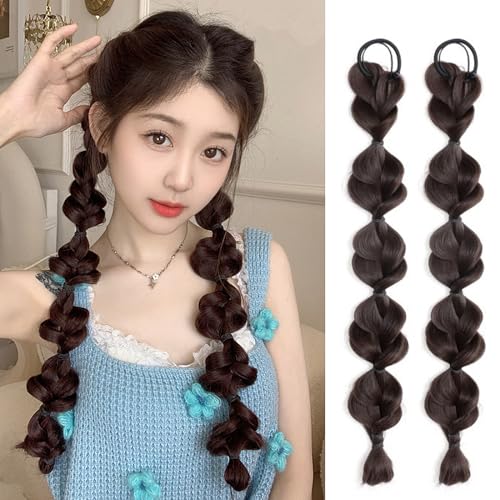 VEIYI 2pcs Braids Extensions Zopf mit Haargummi 35cm Langes Geflochtener Haarteil Haarverlängerung für Frauen Pferdeschwanz Haarteil Braids (Braun+schwarz) von VEIYI