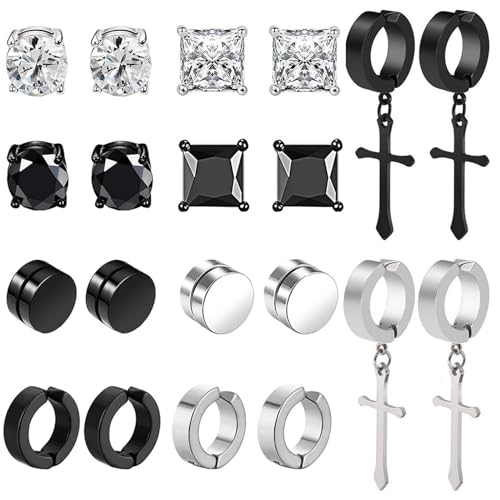 10 Paar Edelstahl Magnet Ohrringe für Herren Damen Creolen CZ Magnet Nicht Durchdringende Clip Kreuz Creolen Ohrringe Nickelfrei Tunnel Ohrclips Non Piercing Ohrringe Set Schwarz B von VELESAY