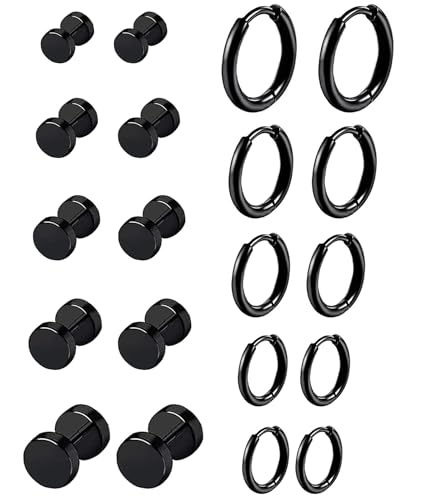 10 Paare Edelstahl Creolen Ohrringe für Herren Damen Creolen Schwarz Ohrringe Herren Silber Ohrringe Runde Knorpel Piercing Ohrstecker Set Klein Edelstahl Ohrstecker Herren Schmuck von VELESAY