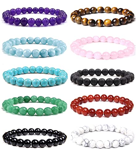 10 Stück Natürliche Edelstein Armband für Damen Herren Perlen Lava Tigerauge Armband Lavastein Beads Armbänder Natürliche Perlen Lava Armband Charm Perlen Paare Stretch Armbänder Set Schmuck 8MM von VELESAY