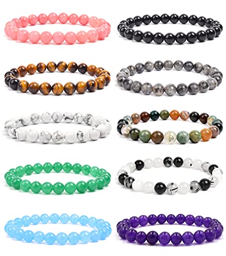 10Stück 8MM Natürliche Edelstein Armband für Damen Herren Perlen Armbänder Tigerauge Amethyst Bracelet Armband aus schwarzem Achat Weißes Howlith Armband Charm Perlen Stretch Armbänder Herren Set von VELESAY