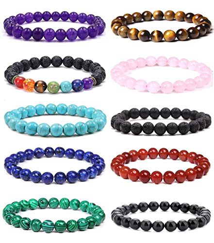 10Stück Natürliche Edelstein Armbänder für Damen Herren Lavastein Beads Armbänder Perlen Lava Tigerauge Armband 7 Chakren Lavastein Bracelet Natürliche Perlen Lava Armband Yoga Elatics Armband Schmuck von VELESAY