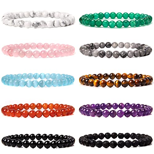 10Stück Natürliche Edelstein Armbänder für Damen Herren Lavastein Beads Armbänder Perlen Lava Tigerauge Armband Rose Quartz Amethyst bracelet Natürliche Perlen Lava Armband Frauen Damen Armbänder Set von VELESAY