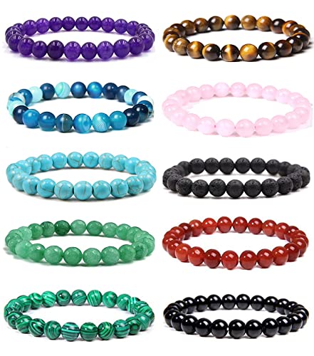 10Stück Natürliche Edelstein Armbänder für Damen Herren Lavastein Beads Armbänder Perlen Lava Tigerauge Armband Rose Quartz Amethyst bracelet Natürliche Perlen Lava Armband Frauen Herren Armbänder Set von VELESAY