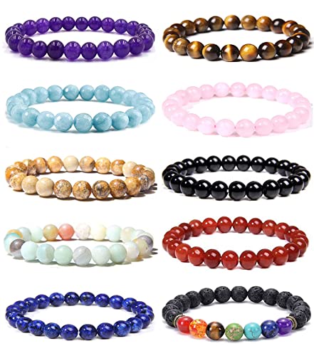 10Stück Natürliche Edelstein Armbänder für Damen Herren Perlen Tigerauge Armband Rose Quartz Amethyst Natürliche Perlen Armband Schwarzer Onyx Beads Armbänder 7 Chakren Lavastein Bracelet Herren Set von VELESAY