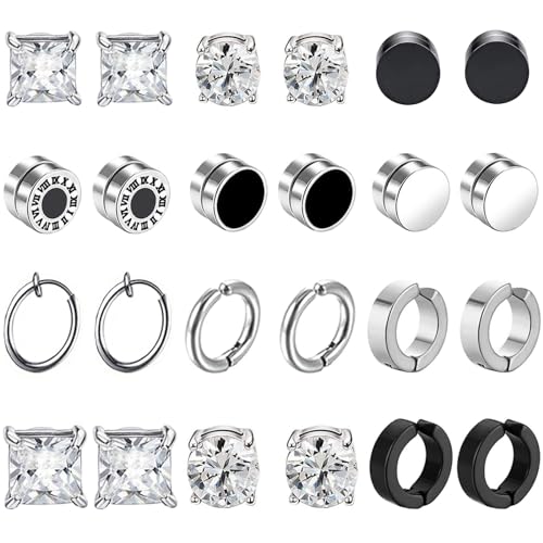 12 Paar Magnet Ohrringe für Männer und Damen - Edelstahl Fake Ohrstecker Nicht Durchbohrt - Magnetische Ohrclips Set Schwarz Silber von VELESAY