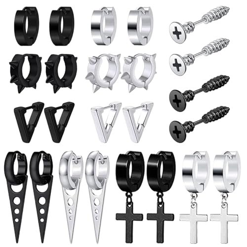12 Paar Ohrringe Herren Edelstahl Ohrringe Schwarz Männer Ohrstecker Set Creolen Hypoallergen Ohrringe Punk Silber Schwarz Ohrringe Piercing Knorpel Ohrstecker von VELESAY