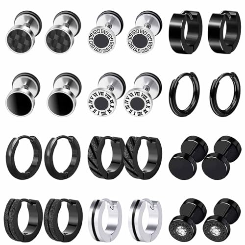 12 Paar Ohrringe Herren Schwarz Ohrringe Männer Edelstahl Hypoallergen Ohrringe Fake Plugs Ohrringe Silber Creolen Tunnel Ohrringe für Herren Damen von VELESAY