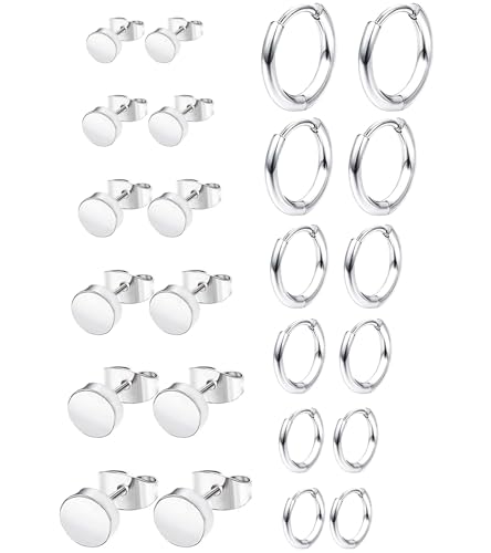 12 Paare Edelstahl Creolen Ohrringe für Herren Damen Creolen Schwarz Ohrringe Herren Silber Ohrringe Runde Knorpel Piercing Ohrstecker Set Klein Edelstahl Ohrstecker Herren Schmuck von VELESAY