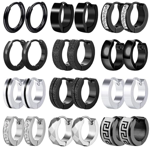 12 Paare Herren Ohrringe Edelstahl Creolen Hoops Earrings Set Ohrringe Männer Frauen Schwarz Ohrringe Mode Punk Schwarze Creolen Ohrringe für Herren Damen von VELESAY