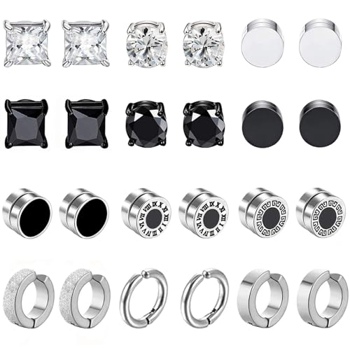 12Paar Edelstahl Magnetische Ohrstecker für Männer Frauen Magnet Ohrringe Herren Damen Creolen CZ Magnet Nicht Durchdringende Clip Magnet Ohrstecker Ohrclips Non Piercing Ohrringe Set Schwarz Silber von VELESAY
