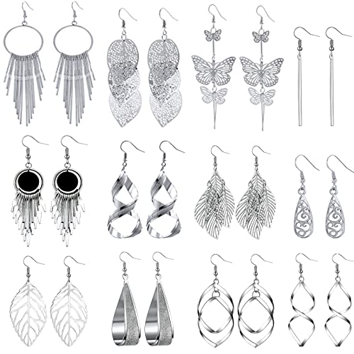 12Paar Hängende Ohrringe Set für Damen Mädchen Baumelnde Tropfen Ohrringe Welle Blatt Quasten Ohrringe Hängend Statement Ohrringe Boho Vintage Modeschmuck Ohrringe Silber von VELESAY