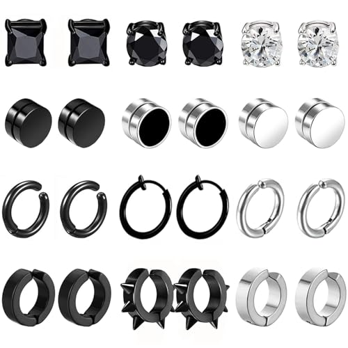 VELESAY 12Paar Magnet Ohrringe Herren Damen Edelstahl Creolen CZ Magnet Nicht Durchdringende Clip Ohrstecker Clips Nickelfrei Tunnel Ohrclips Non Piercing Ohrringe Set Schwarz Silber von VELESAY