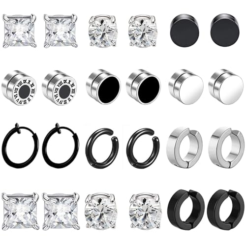 12Paar Magnet Ohrringe Herren Damen Edelstahl Fake Ohrringe Creolen CZ Magnet Nicht Durchdringende Clip Magnet Ohrstecker Ohne Ohrloch Ohrclips Non Piercing Ohrringe Set Schwarz Silber von VELESAY