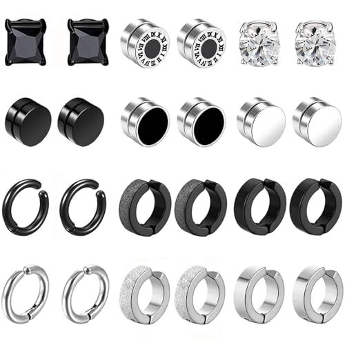 12 Paar Magnet Ohrringe Herren Damen Edelstahl Fake Creolen CZ Nicht Durchdringende Clip Ohrstecker Ohne Ohrloch Ohrclips Non Piercing Set Silber Schwarz von VELESAY