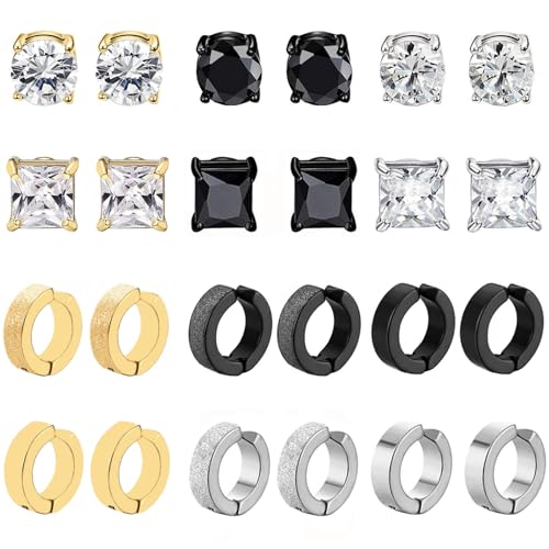 12Paar Magnet Ohrringe Herren Edelstahl Magnetische Ohrstecker für Männer Damen CZ Hypoallergen Nicht Durchdringende Clip Non Piercing Fake Ohrringe Set Silber Schwarz von VELESAY