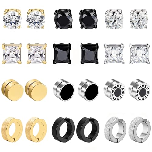 12Paar Magnet Ohrringe Herren Edelstahl Magnetische Ohrstecker für Männer Frauen CZ Hypoallergen Nicht Durchdringende Clip Non Piercing Fake Ohrringe Set Silber Schwarz von VELESAY