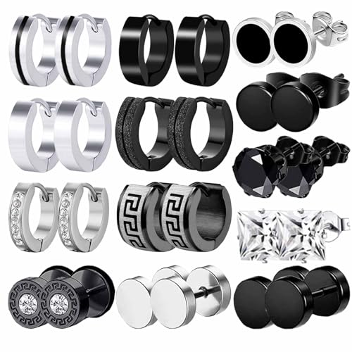 13 Paare Herren Ohrringe Edelstahl Creolen Ohrringe Männer Frauen Schwarz Ohrringe Silber Schwarz Creolen Hoops Earrings Set Knorpel Helix Piercing Ohrringe für Herren Damen von VELESAY