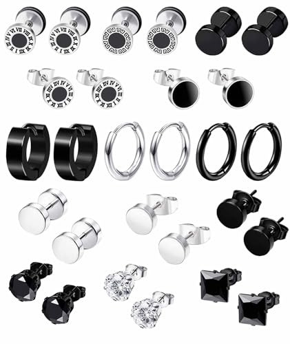 14 Paare Herren Ohrringe Schwarz Männer Edelstahl Ohrringe Silber Ohr Tunnel Ohrringe Creolen Hoops Earrings Set Knorpel Helix Piercing Ohrringe für Herren Damen von VELESAY