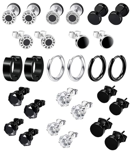 14 Paare Ohrringe Ohrstecker Herren Männer Edelstahl Schwarz Ohrringe Silber Ohr Tunnel Ohrringe Creolen Hoops Earrings Set Knorpel Helix Piercing Ohrringe für Herren Damen von VELESAY