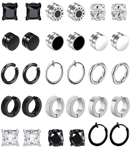 15Paar Magnet Ohrringe Herren Damen Edelstahl Creolen CZ Magnet Nicht Durchdringende Clip Magnet Ohrstecker Clips Nickelfrei Tunnel Ohrclips Non Piercing Ohrringe Set Silber Schwarz von VELESAY