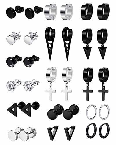 16Paar Edelstahl Ohrringe Creolen für Herren Damen Kleine Kpop Huggie Ohrringe Punk Gothic Hoop Schwarze Ohrringe Runde Zirkonia Kreuz Creolen Huggie Ohrring Ohrstecker Silber Schwarz von VELESAY