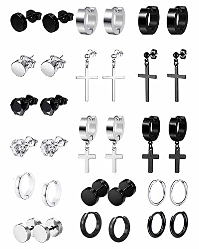 16Paar Edelstahl Punk Creolen Ohrringe für Herren Damen Kleine Kpop Huggie Ohrringe Gothic Hoop Schwarze Ohrringe Runde Zirkonia Kreuz Creolen Huggie Ohrring Ohrstecker Schwarz Silber von VELESAY