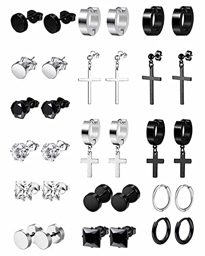 16Paar Edelstahl Punk Creolen Ohrringe für Herren Damen Kleine Kpop Huggie Ohrringe Gothic Hoop Schwarze Ohrringe Runde Zirkonia Kreuz Creolen Huggie Ohrring Ohrstecker Silber Schwarz von VELESAY