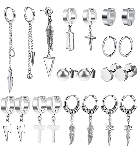 21Pcs Edelstahl Ohrringe Herren Punk Creolen Anhänger Ohrstecker Ohrringe Lange Kette Feder Kreuz Anhänger Ohrringe Schwarze Kpop Huggie Ohrringe Set von VELESAY