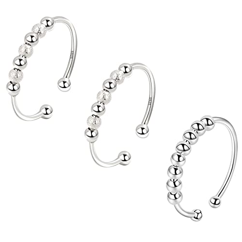 3STÜCKE 925 Sterling Silber Anxiety Ring Spinning Ringe mit Perlen Band Ring Stapelbar Fidget Verstellbar Ringe Angst Ringe für Damen Frauen Spinner Ringe Perlen Rotieren Ring Stapelbare Fidget Ringe von VELESAY