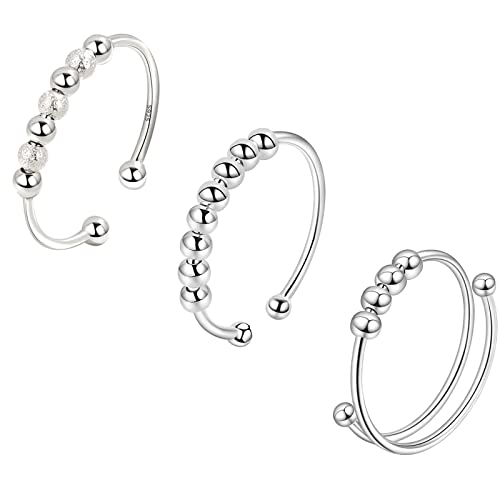 3STÜCKE 925 Sterling Silber Anxiety Ring Spinning Ringe mit Perlen Band Ring Stapelbar Fidget Verstellbar Ringe Angst Ringe für Damen Frauen Spinner Ringe Perlen Rotieren Ring Stapelbare Fidget Ringe von VELESAY