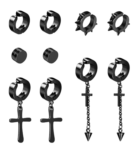 5 Paar Edelstahl Non Piercing Ohrringe für Herren Damen Mädchen Creolen Magnet Nicht Durchdringende Clip Schwarz Punk Ohrstecker Clips Nickelfrei Tunnel Ohrclips Set von VELESAY