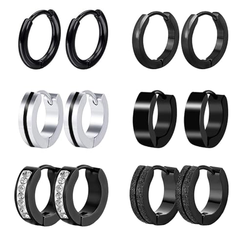 6 Paare Herren Ohrringe Edelstahl Creolen Hoops Earrings Set Ohrringe Männer Frauen Schwarz Ohrringe Mode Punk Schwarze Creolen Ohrringe für Herren Damen von VELESAY